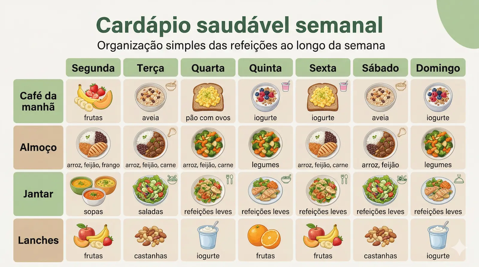 cardápio saudável semanal com refeições organizadas ao longo da semana