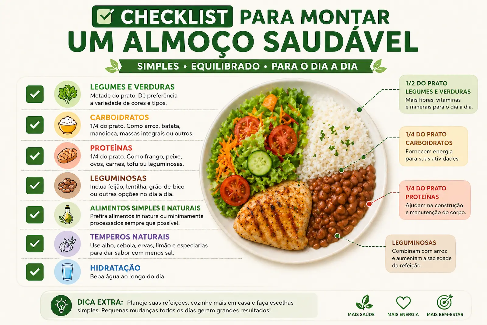 checklist para montar almoço saudável com legumes verduras carboidratos proteínas e alimentos simples