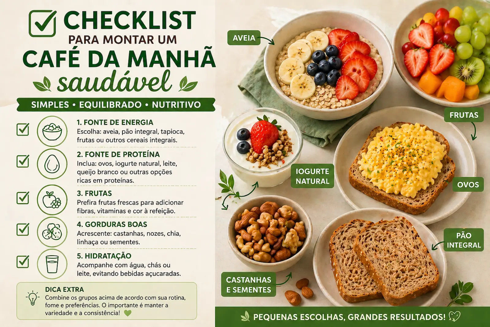 checklist para montar café da manhã saudável com frutas aveia ovos iogurte natural e pão integral