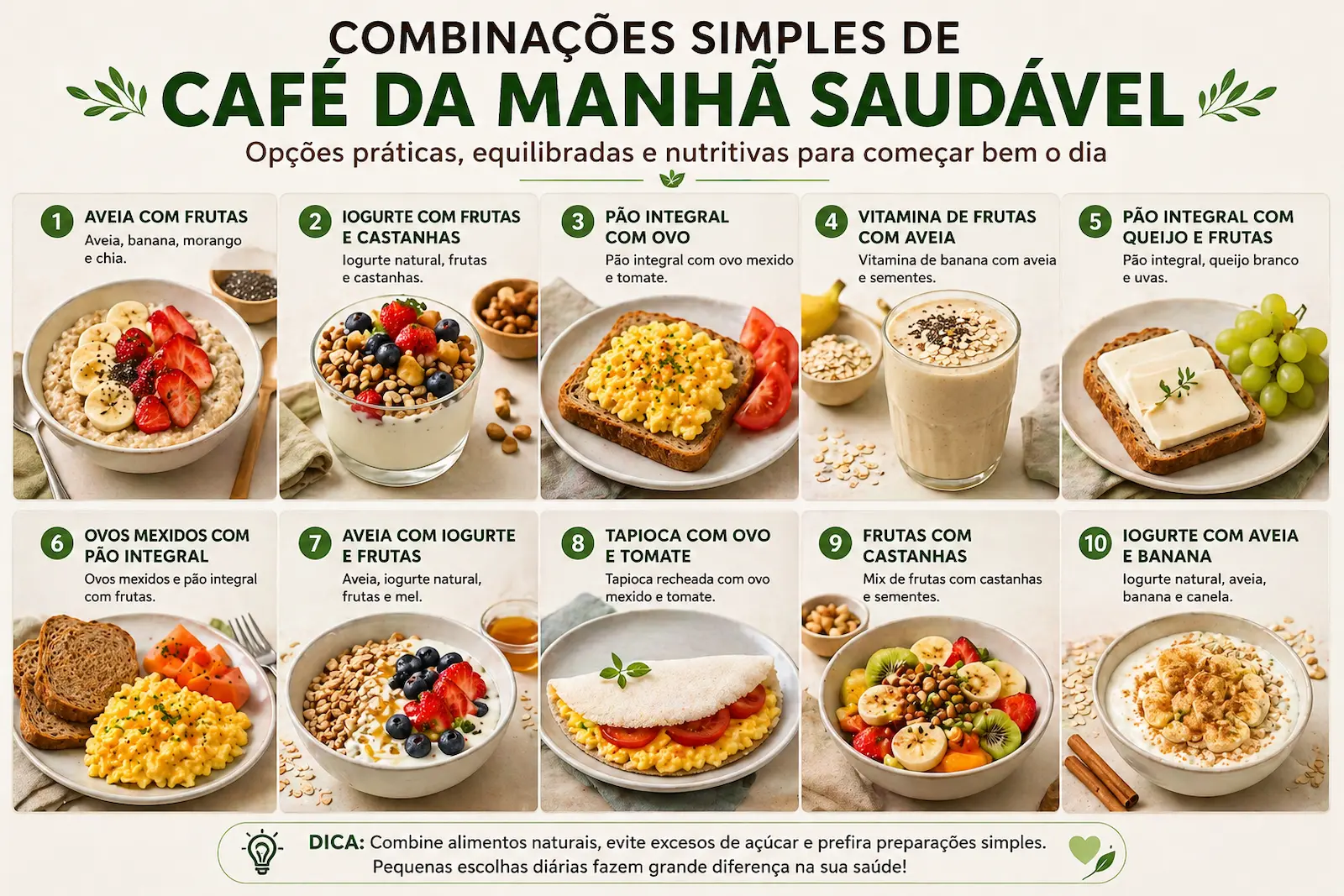 combinações simples de café da manhã saudável com frutas aveia iogurte ovos pão integral e castanhas