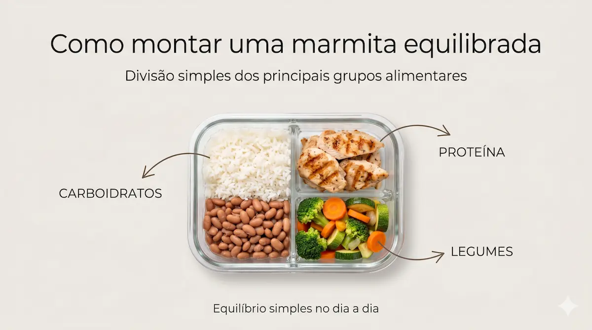 exemplo de marmita saudável com arroz feijão legumes e proteína