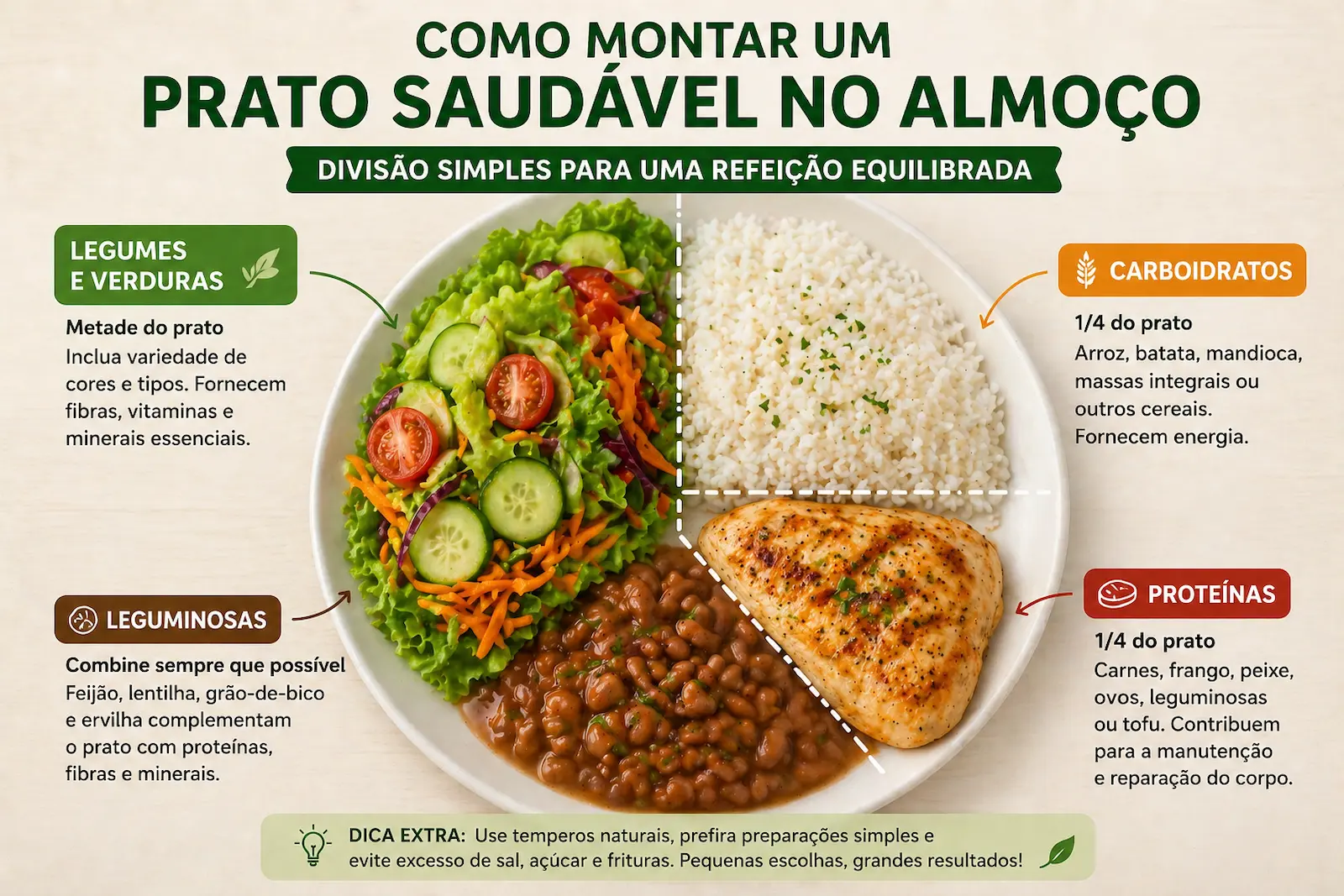 como montar um prato saudável no almoço com divisão entre carboidratos proteínas legumes e verduras