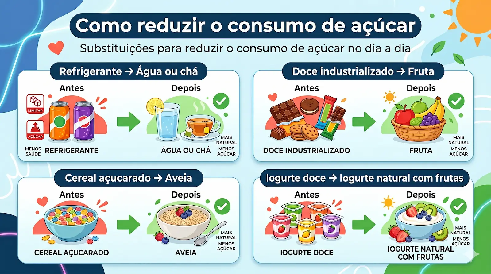 substituições para reduzir açúcar trocar bebidas doces por água e doces por frutas