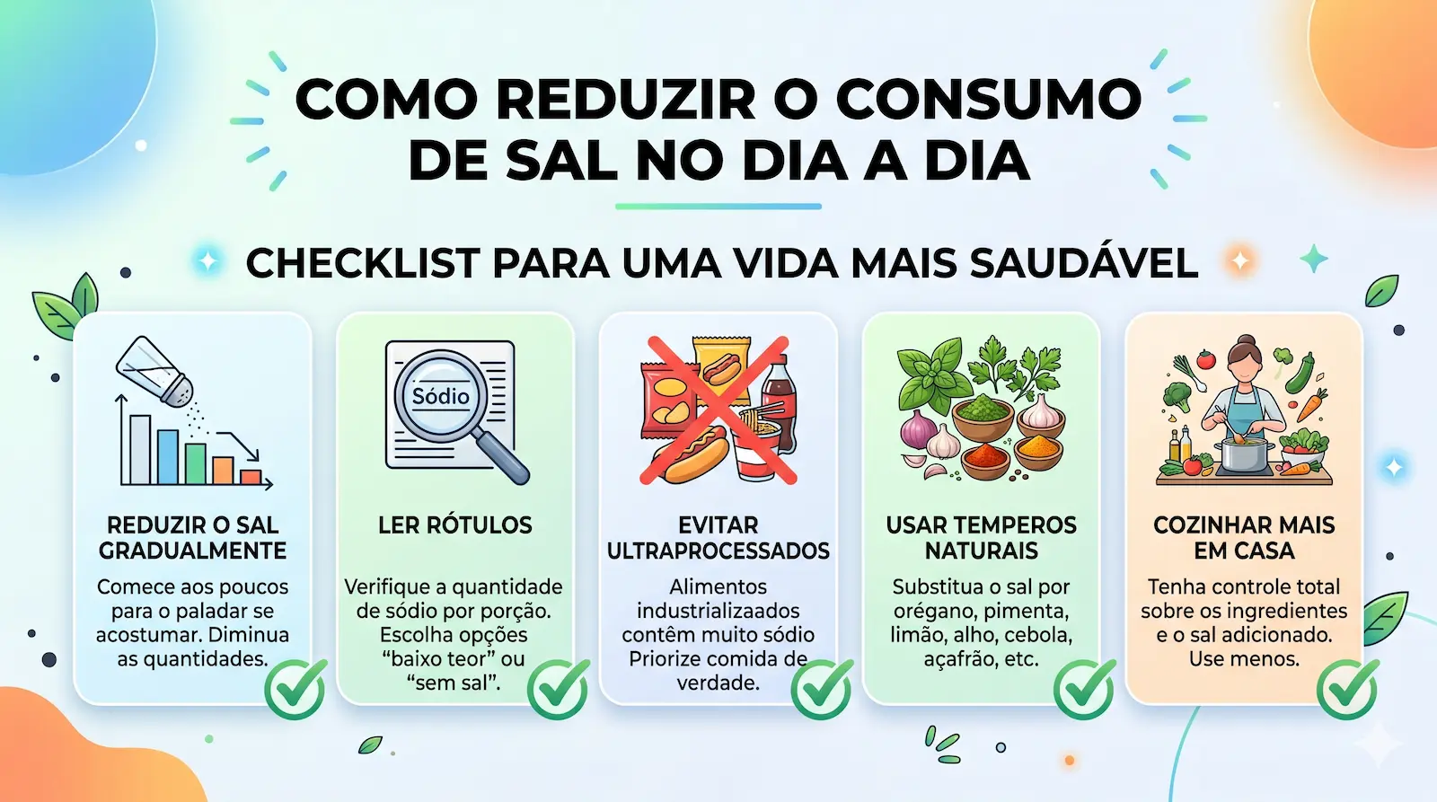 checklist para reduzir o consumo de sal no dia a dia com dicas como ler rótulos evitar ultraprocessados e usar temperos naturais