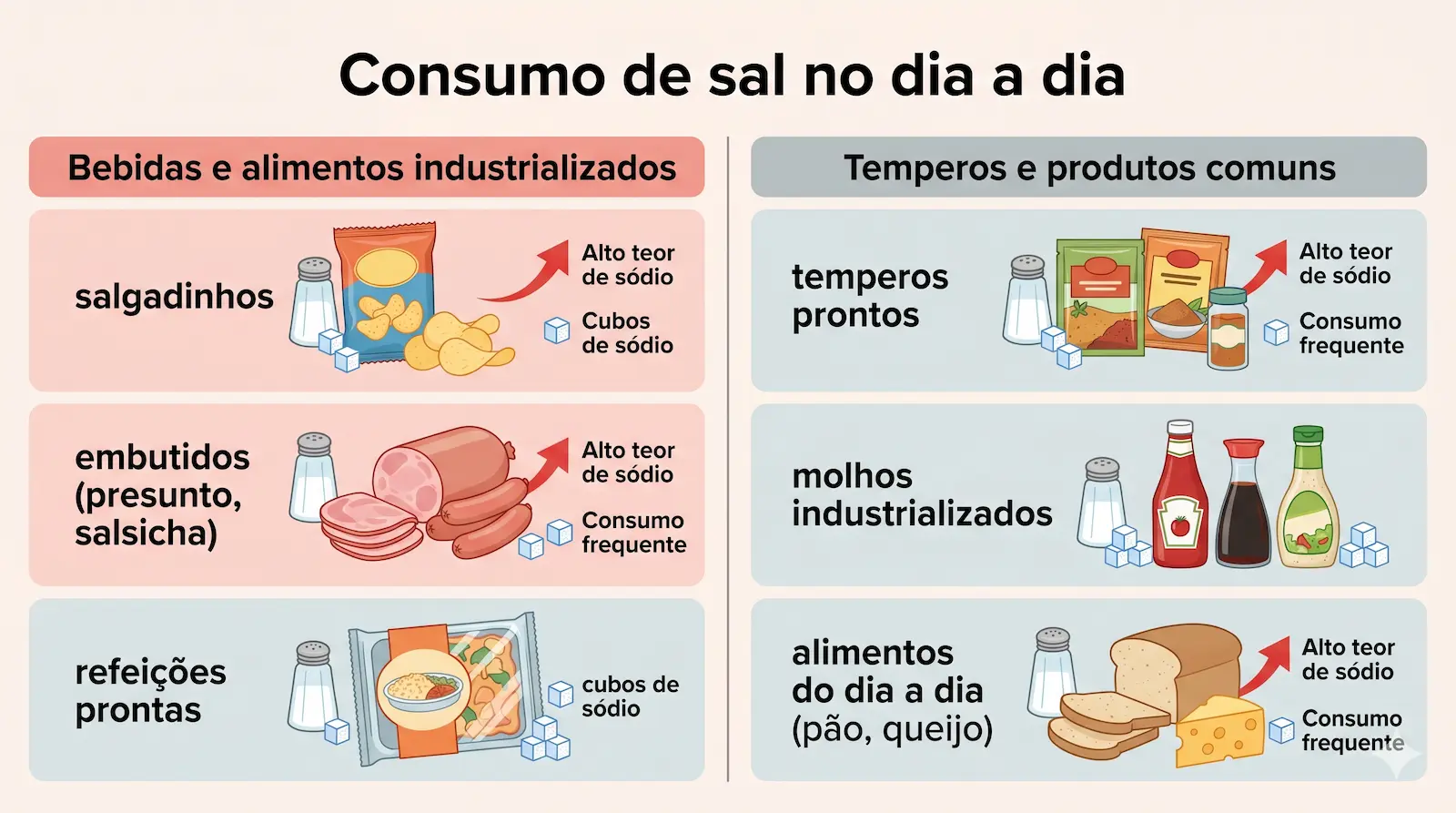 alimentos com alto teor de sal produtos industrializados temperos prontos e alimentos comuns