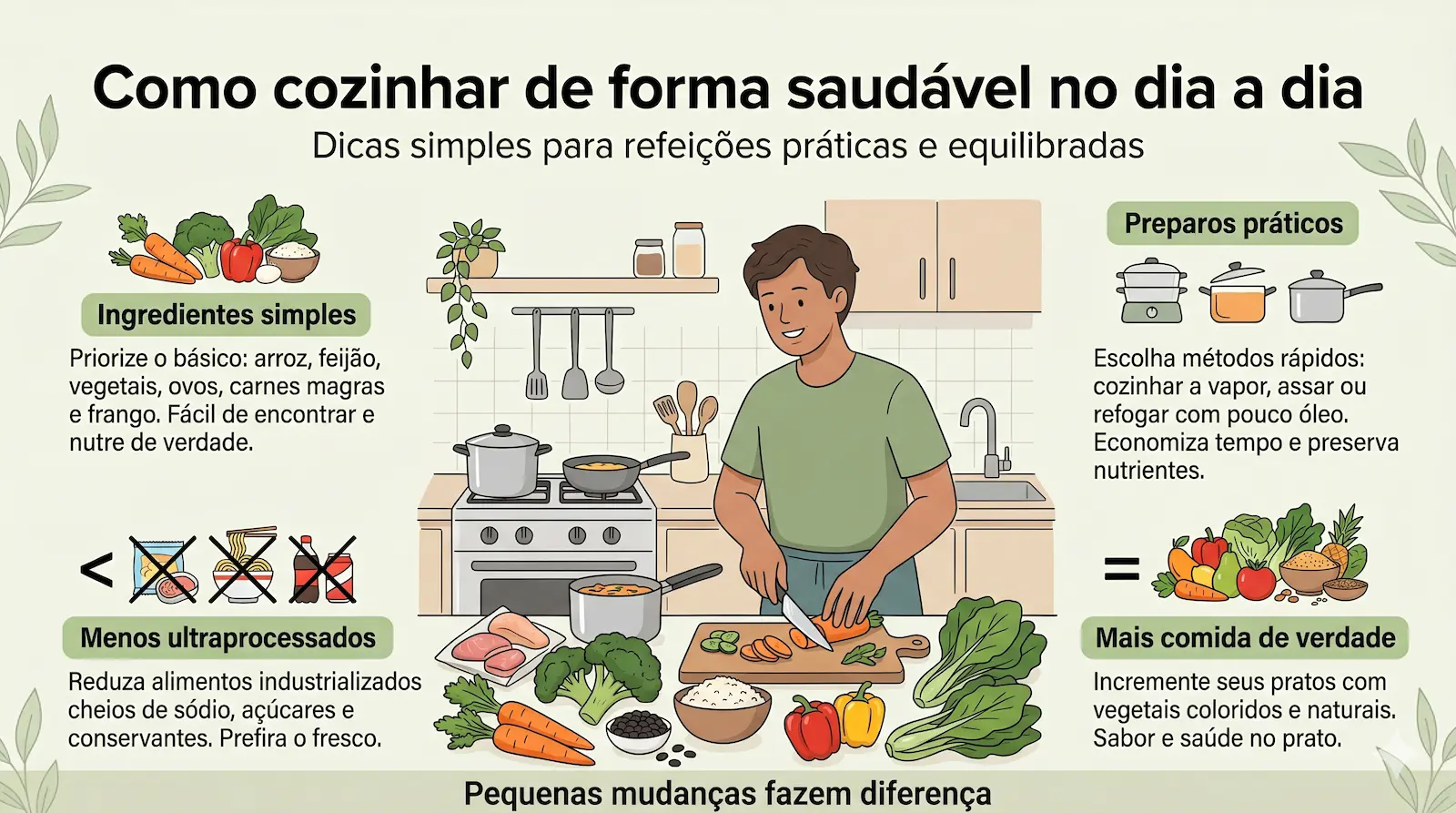cozinhar de forma saudável no dia a dia com alimentos naturais e preparações simples