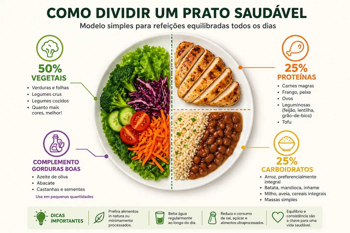 Infográfico mostrando como dividir um prato saudável em vegetais proteínas e carboidratos