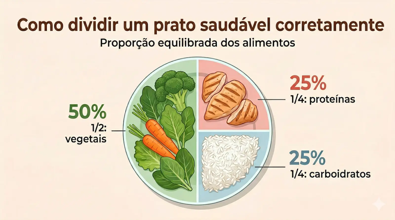 divisão do prato saudável metade vegetais proteínas e carboidratos