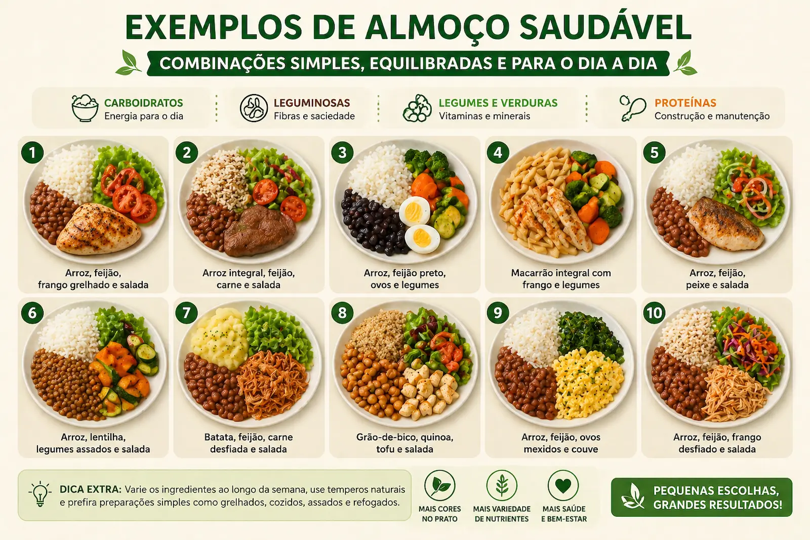 exemplos de almoço saudável com arroz feijão legumes verduras ovos frango e diferentes fontes de proteína