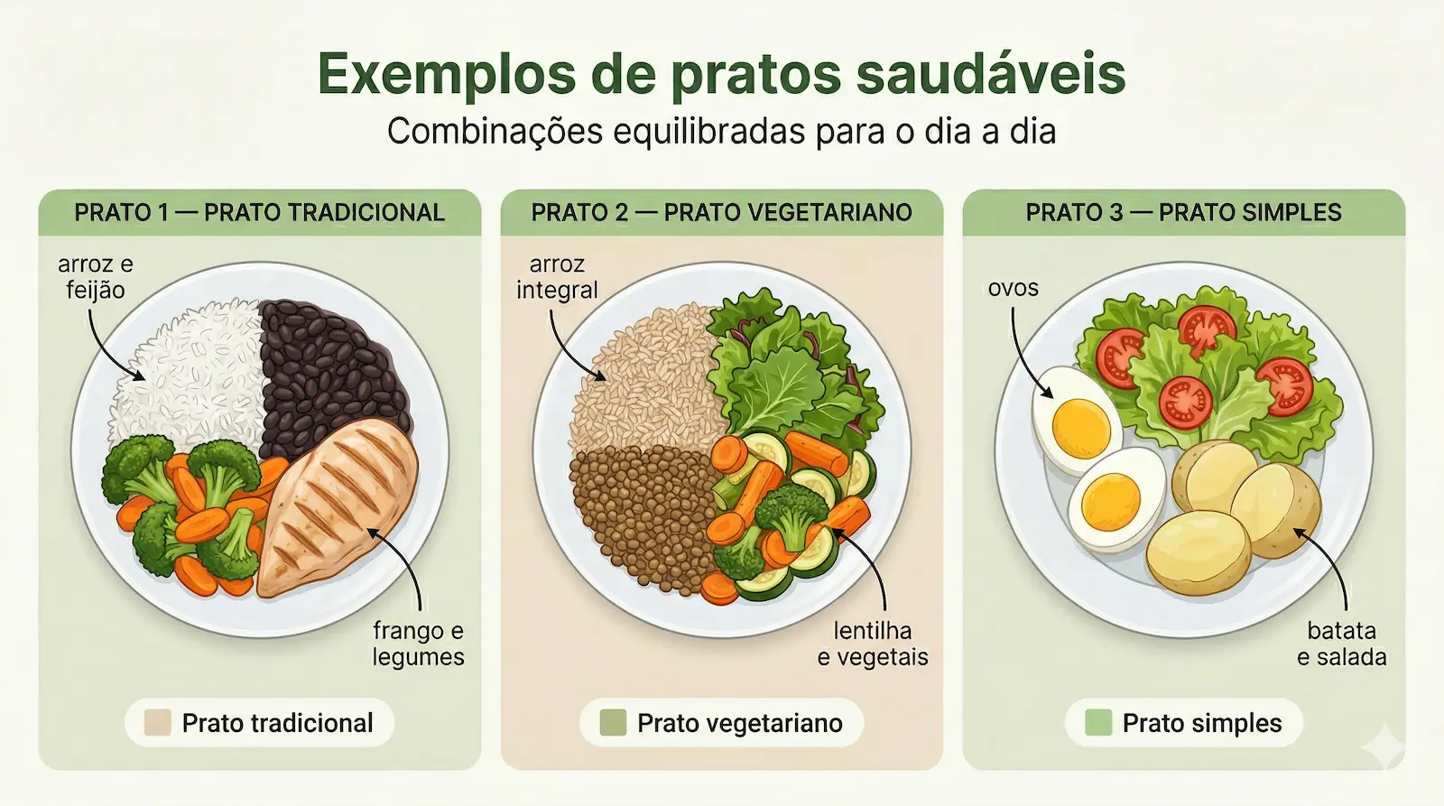 exemplos de pratos saudáveis com alimentos naturais e combinações equilibradas