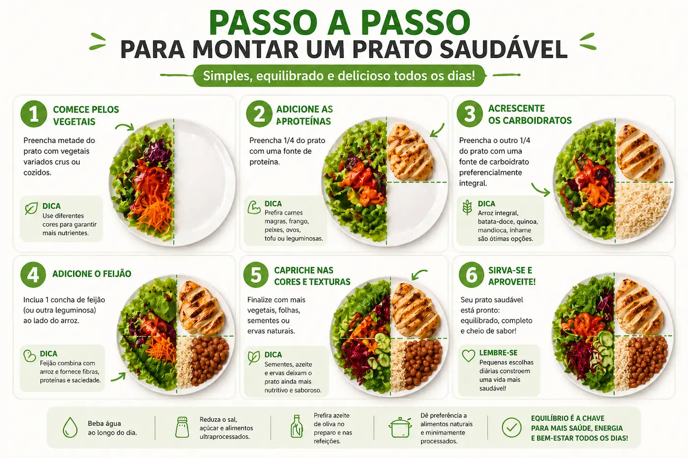 Passo a passo para montar prato saudável com arroz feijão proteína e vegetais