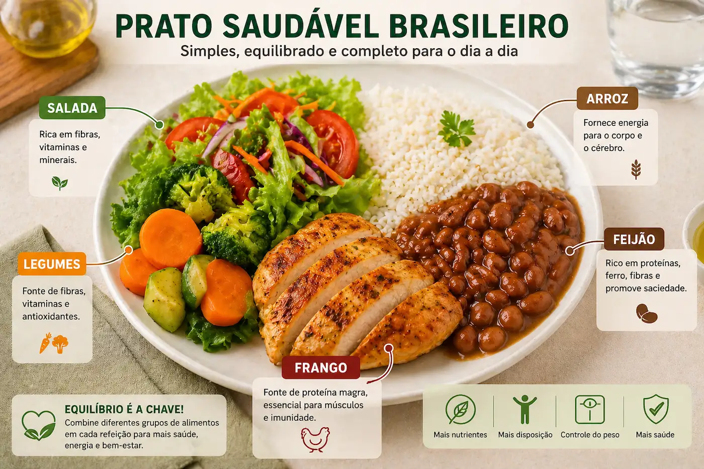Prato saudável brasileiro com arroz feijão frango salada e legumes