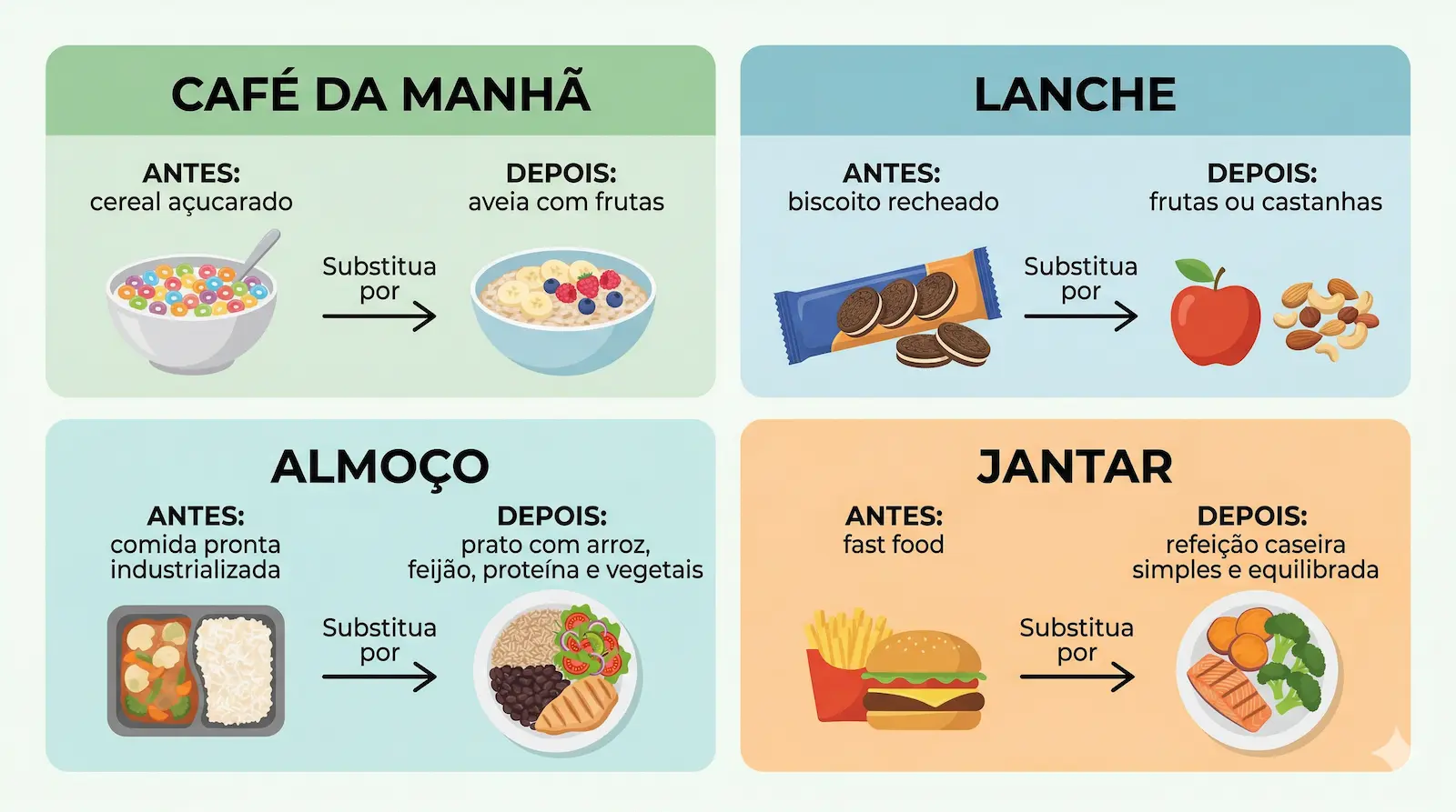 exemplo de refeições com substituições alimentares saudáveis no dia a dia