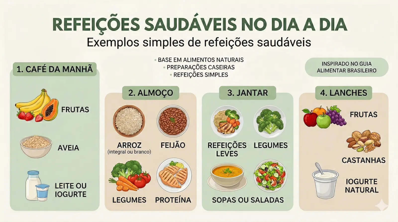 refeições saudáveis no dia a dia com alimentos naturais café da manhã almoço jantar e lanches