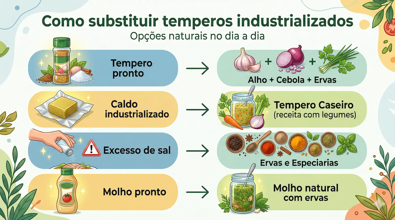 substituições de temperos industrializados por temperos naturais ervas e especiarias
