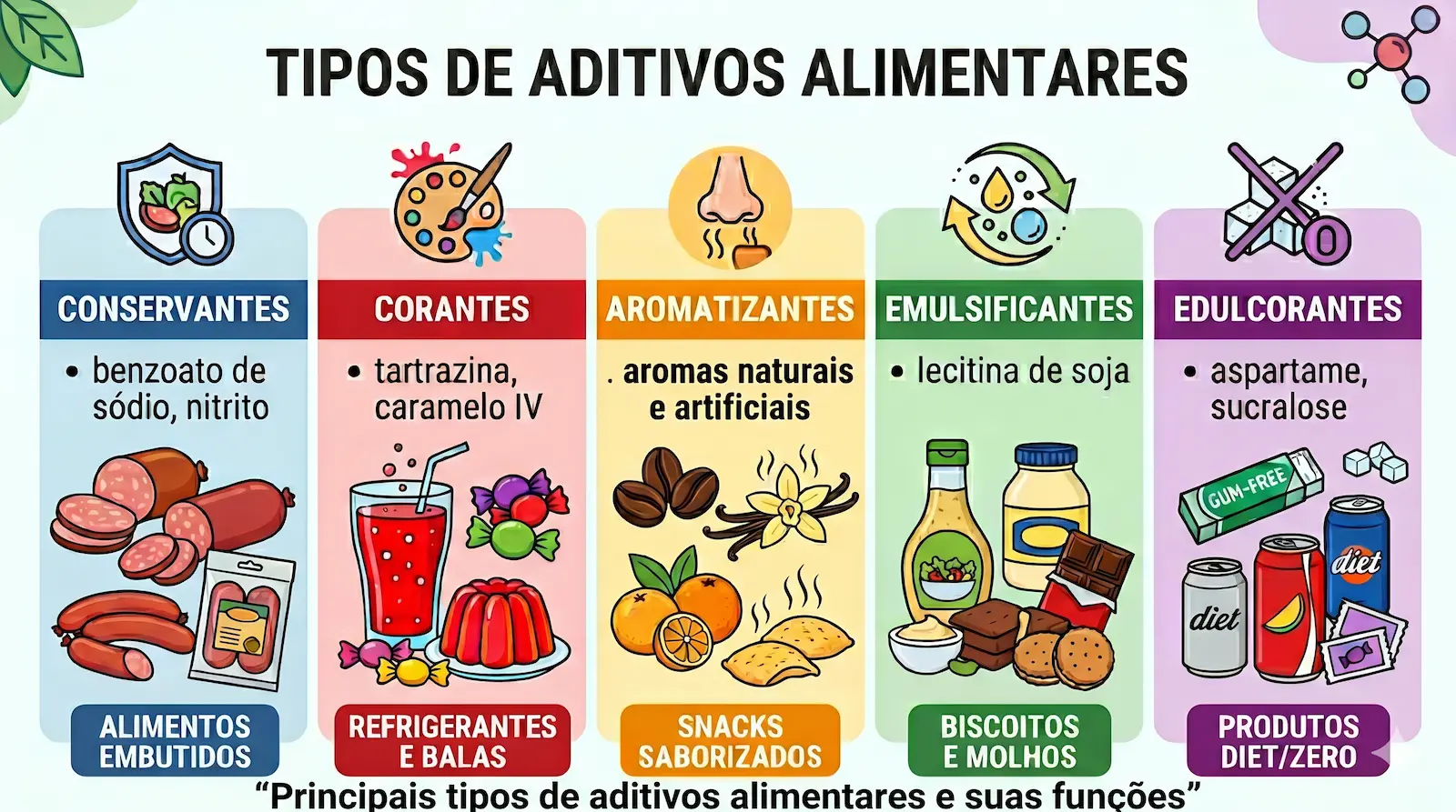 tipos de aditivos alimentares conservantes corantes aromatizantes e emulsificantes