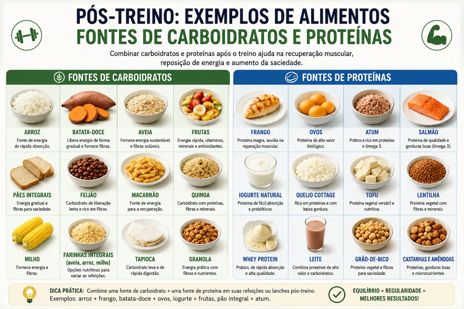 Exemplos de alimentos fontes de carboidratos e proteínas para o pós-treino