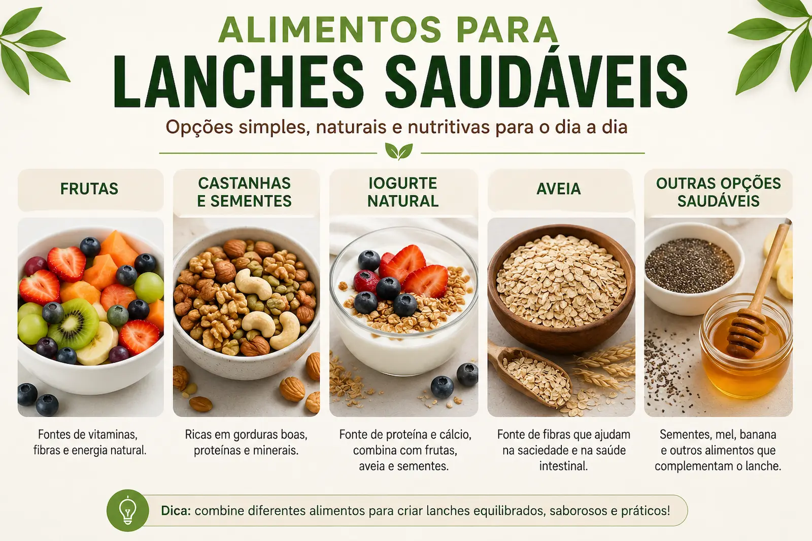 alimentos para lanches saudáveis como frutas castanhas iogurte e aveia