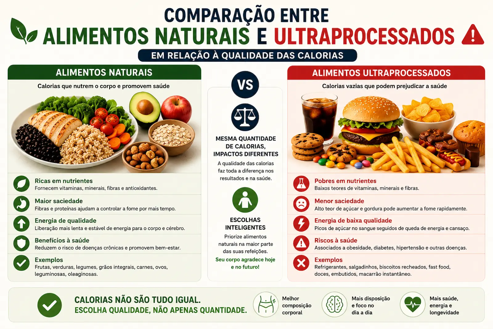 comparação entre alimentos naturais e ultraprocessados em relação à qualidade das calorias