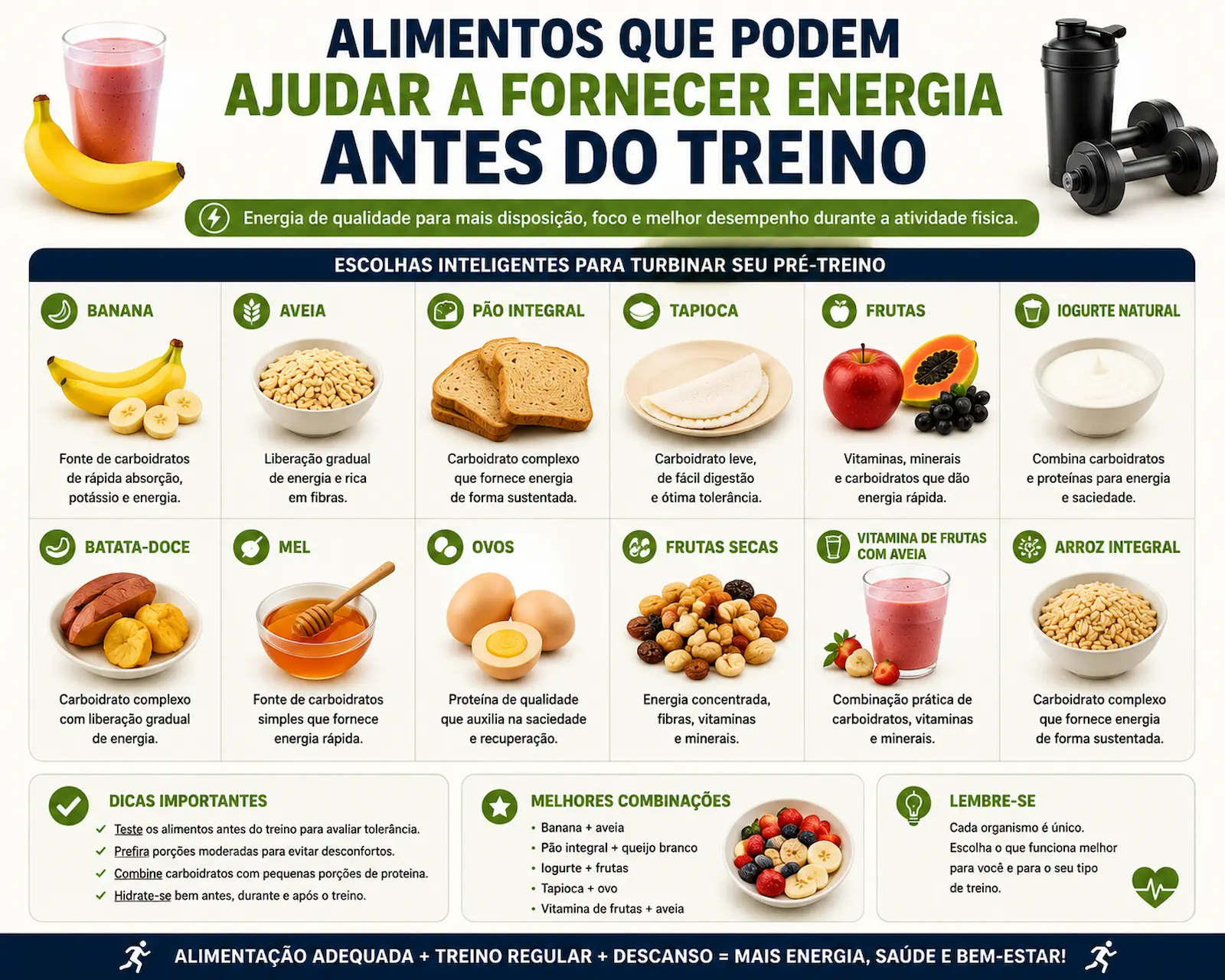 Alimentos que podem ajudar a fornecer energia antes do treino