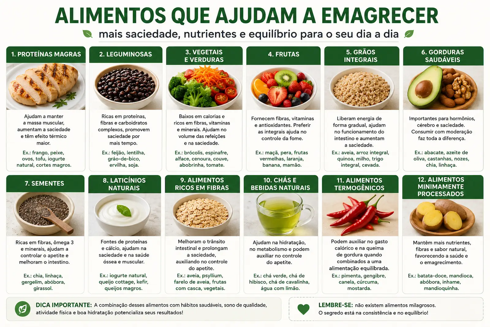 alimentos associados ao emagrecimento saudável como aveia ovos frutas vegetais e feijão