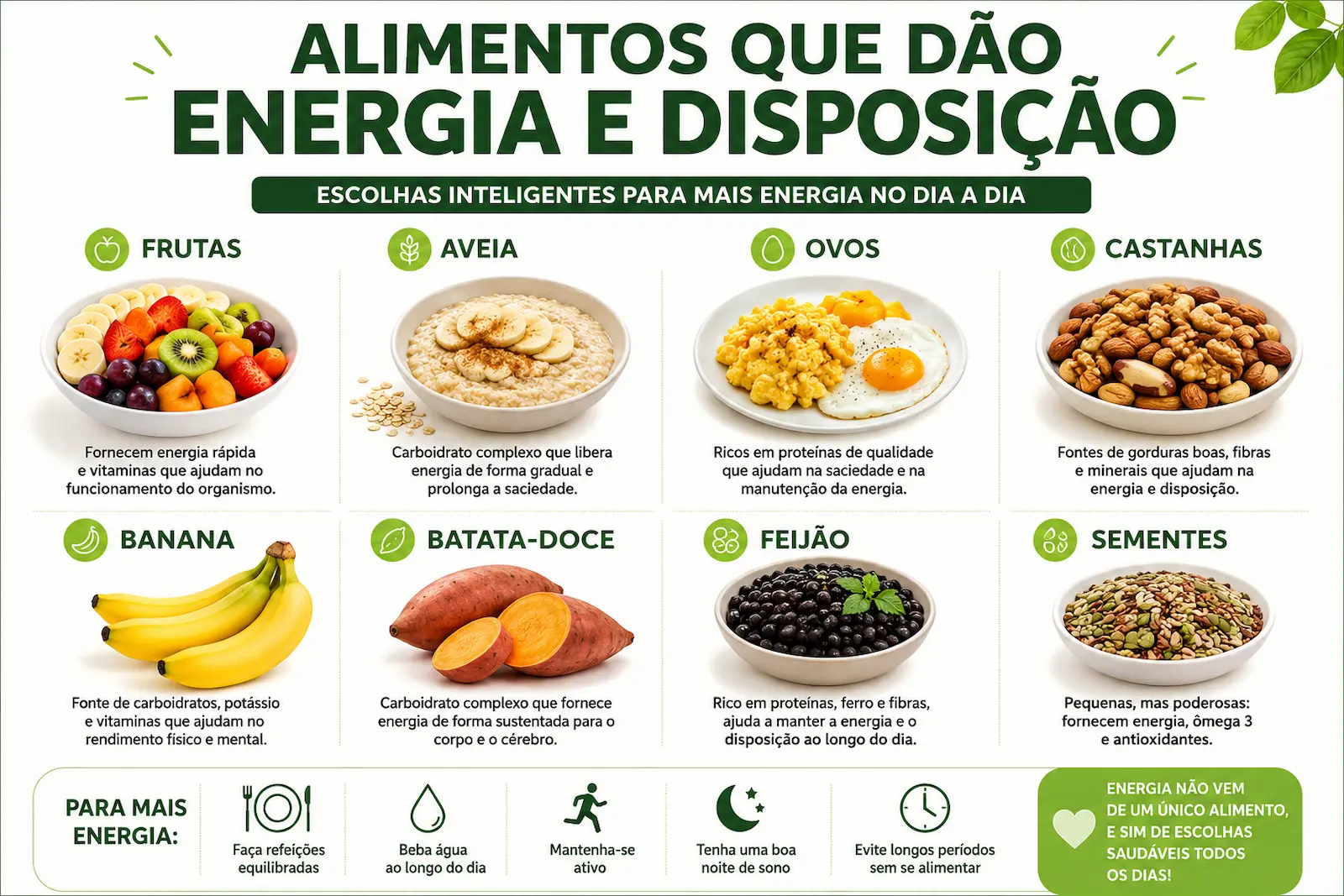 alimentos que dão energia como frutas aveia ovos e castanhas