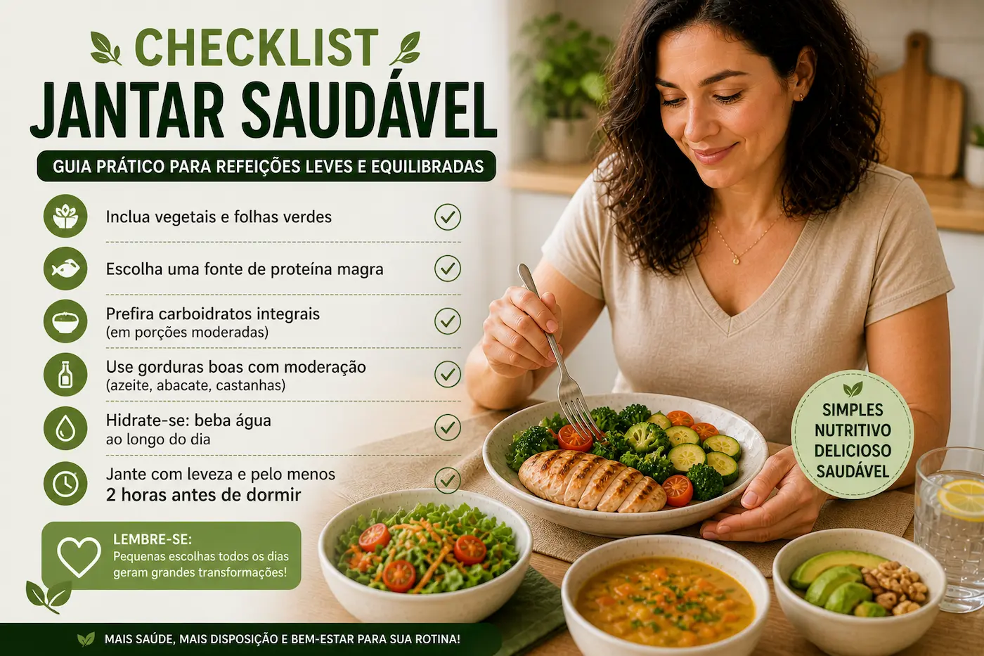 checklist para montar jantar saudável com vegetais proteínas carboidratos simples e preparações leves