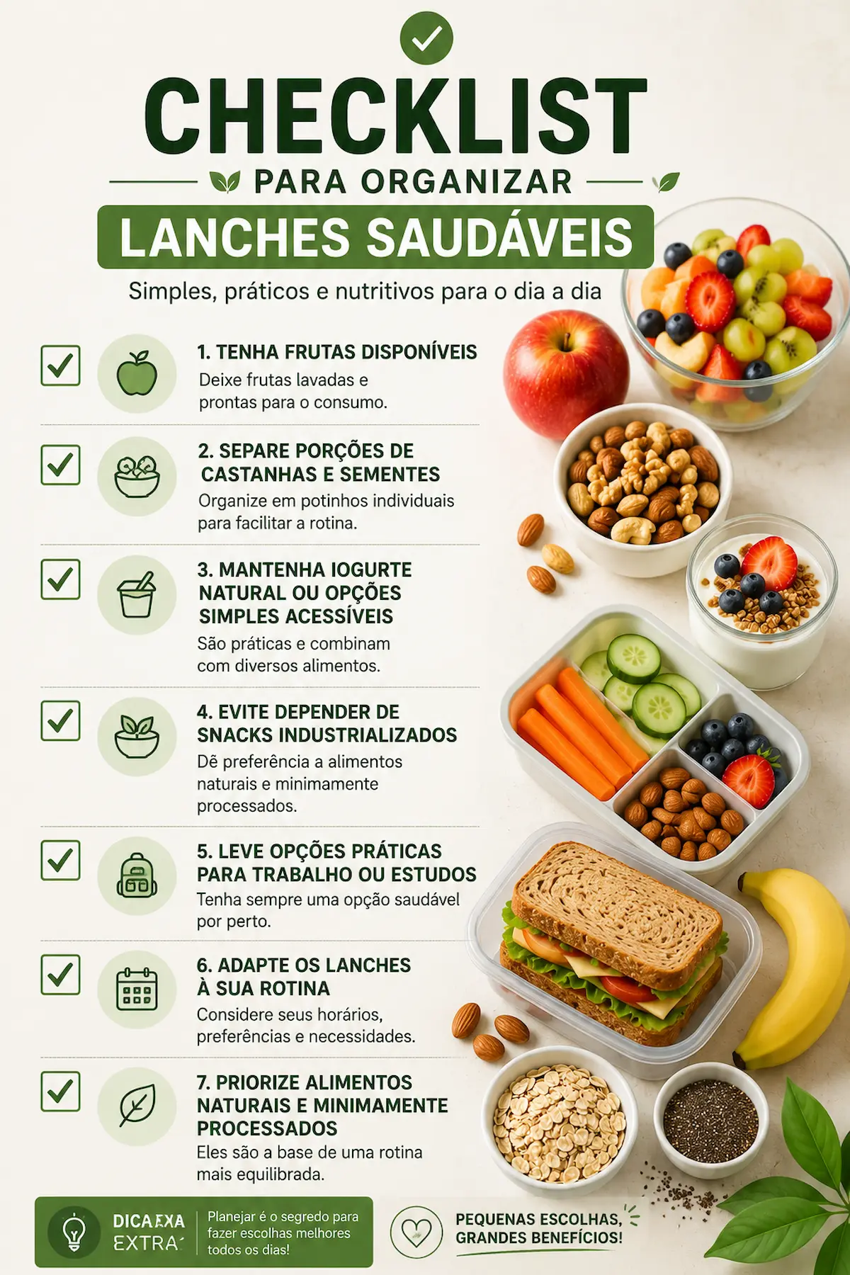 checklist para organizar lanches saudáveis com frutas castanhas iogurte e preparações simples