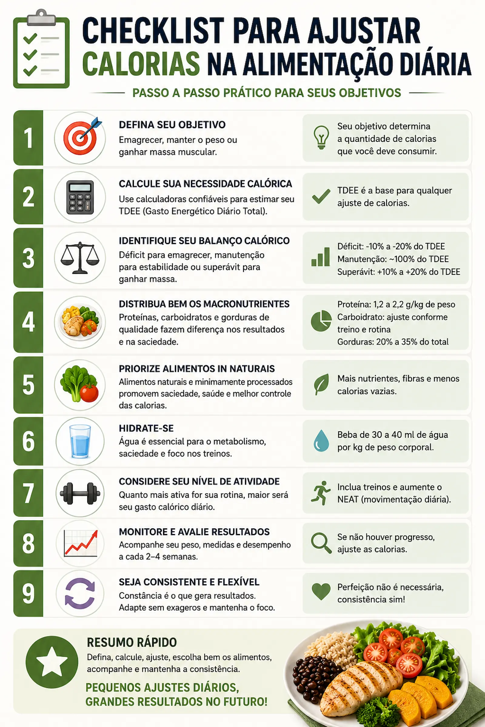 checklist para ajustar calorias na alimentação diária
