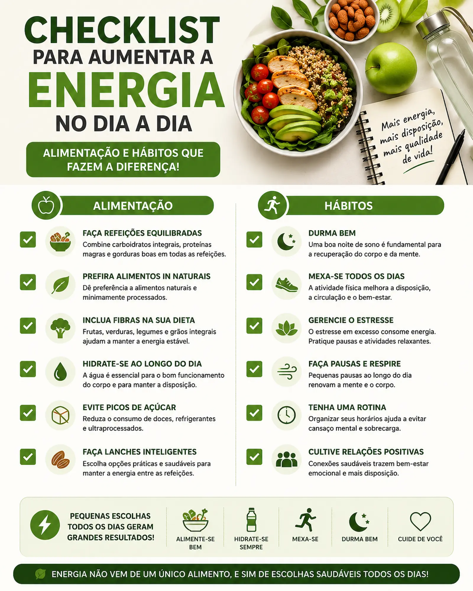 checklist para aumentar energia no dia a dia com alimentação e hábitos