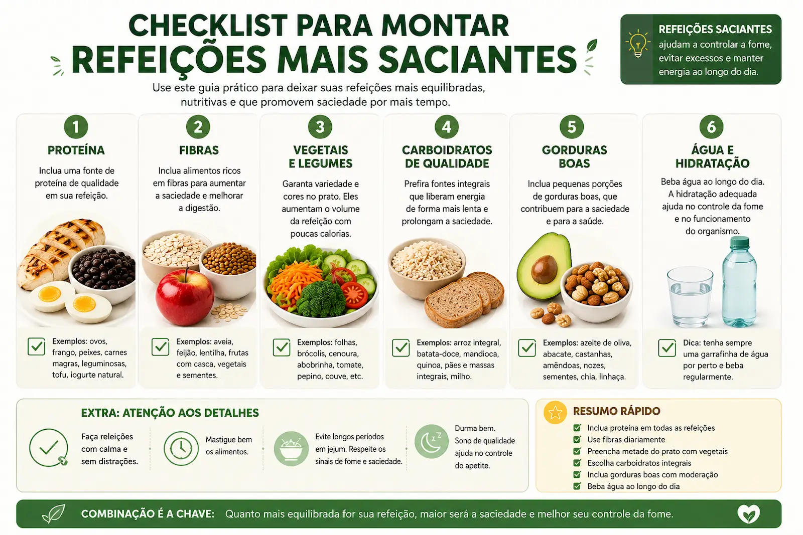 checklist de refeição equilibrada para aumentar a saciedade