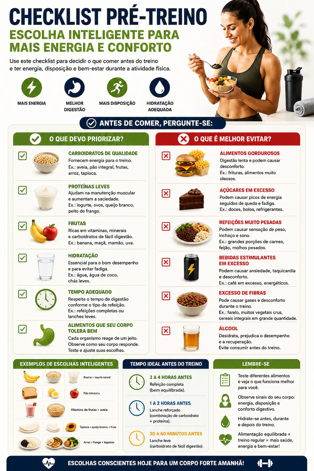 Checklist visual para escolher o que comer antes do treino