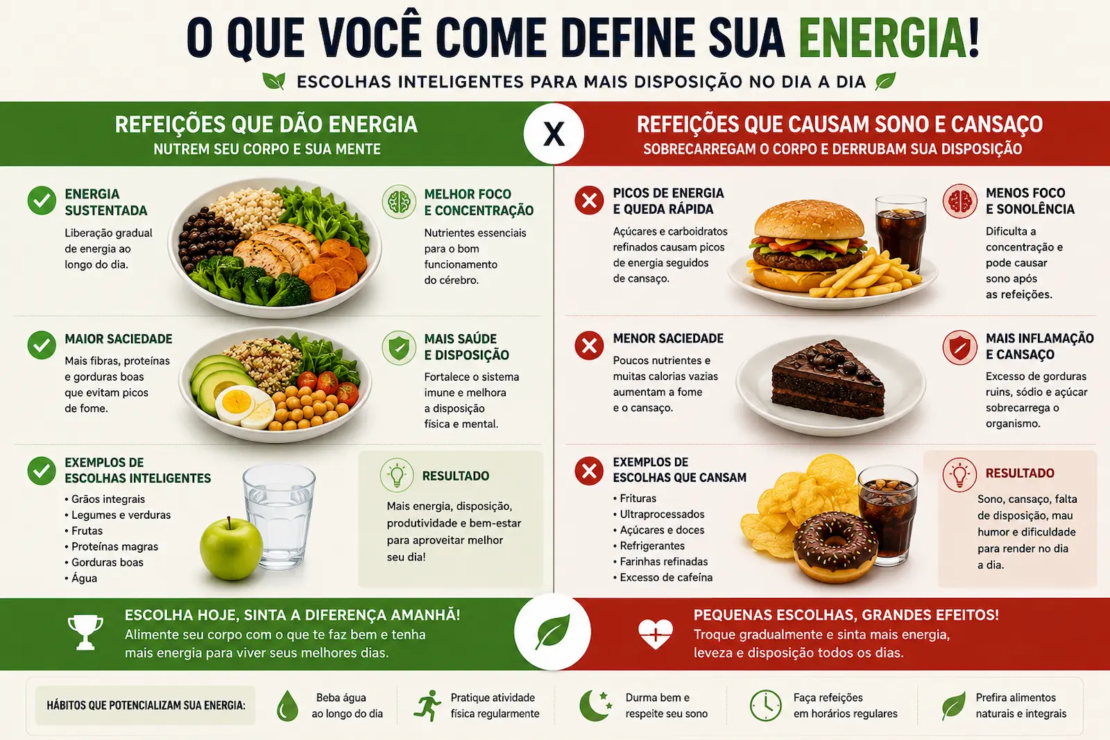 comparação entre refeições que dão energia e refeições que causam sono e cansaço