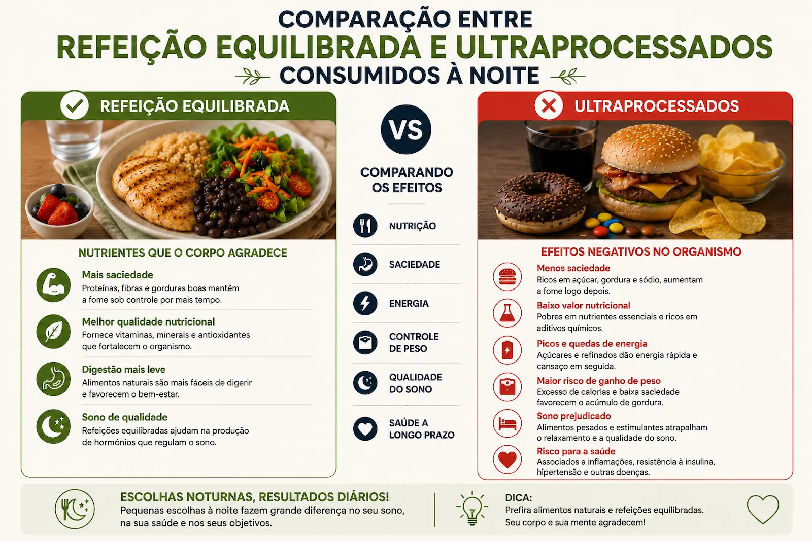 comparação entre refeição equilibrada e ultraprocessados consumidos à noite