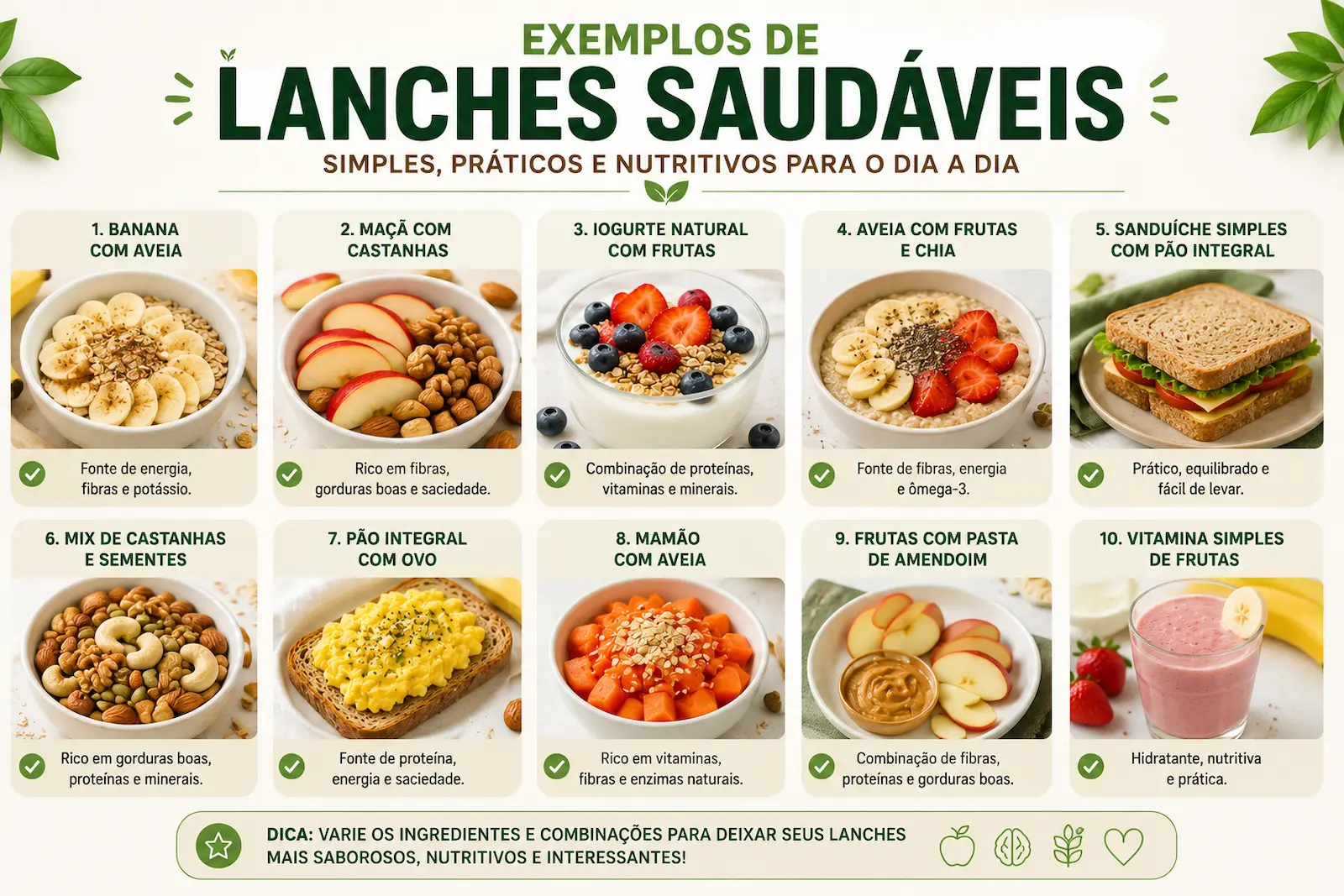 exemplos de lanches saudáveis com frutas castanhas iogurte e aveia