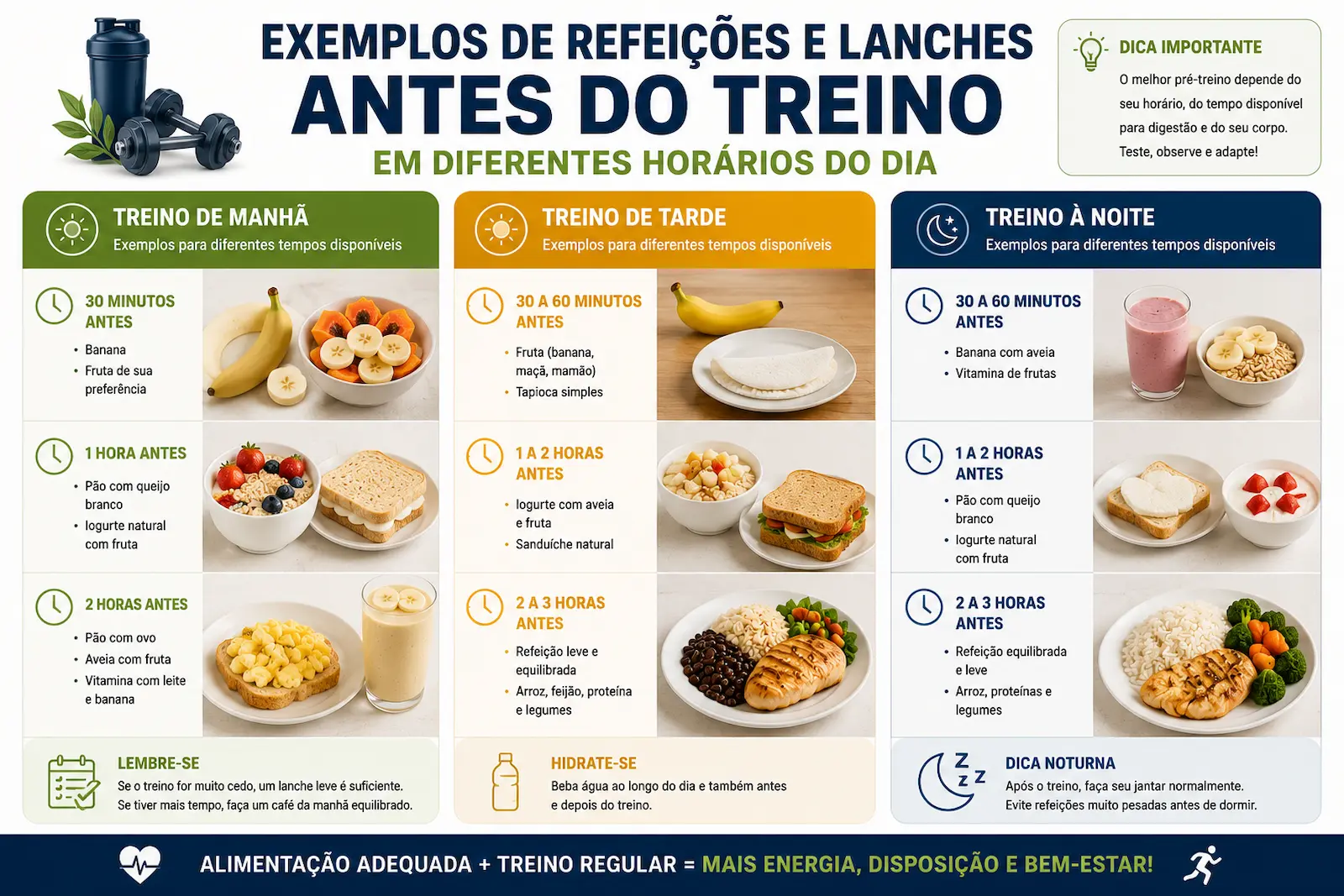 Exemplos de refeições e lanches antes do treino em diferentes horários do dia
