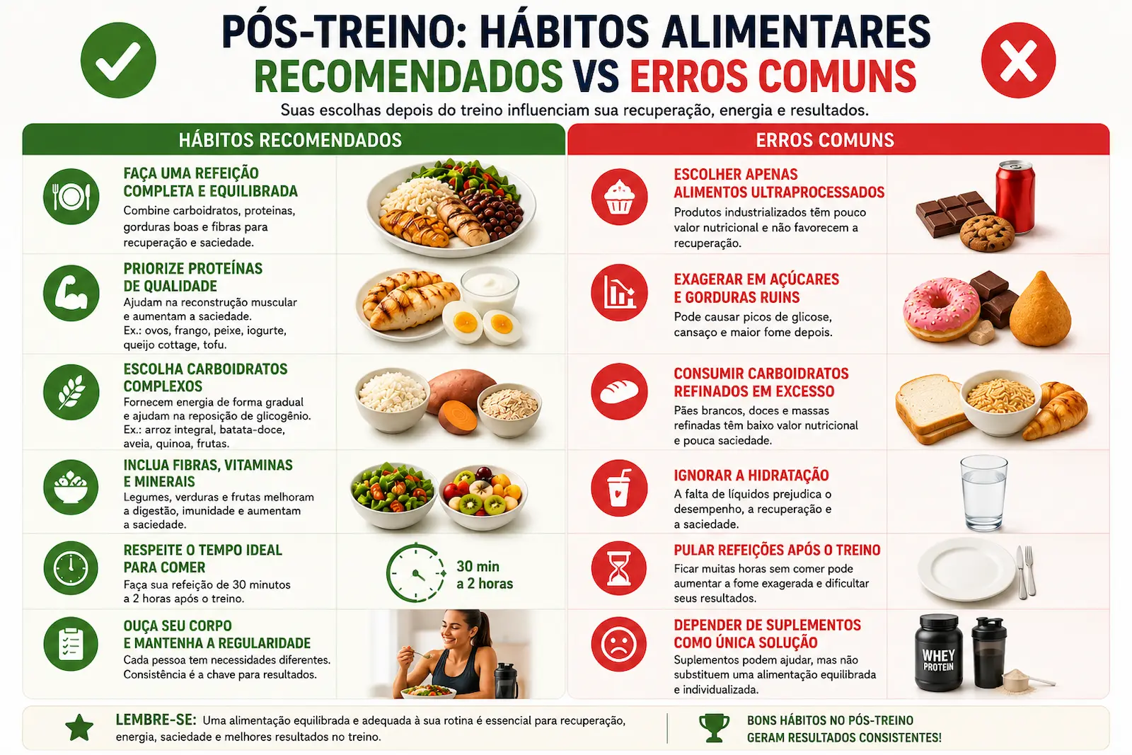 Comparação entre hábitos alimentares recomendados e erros comuns após o treino