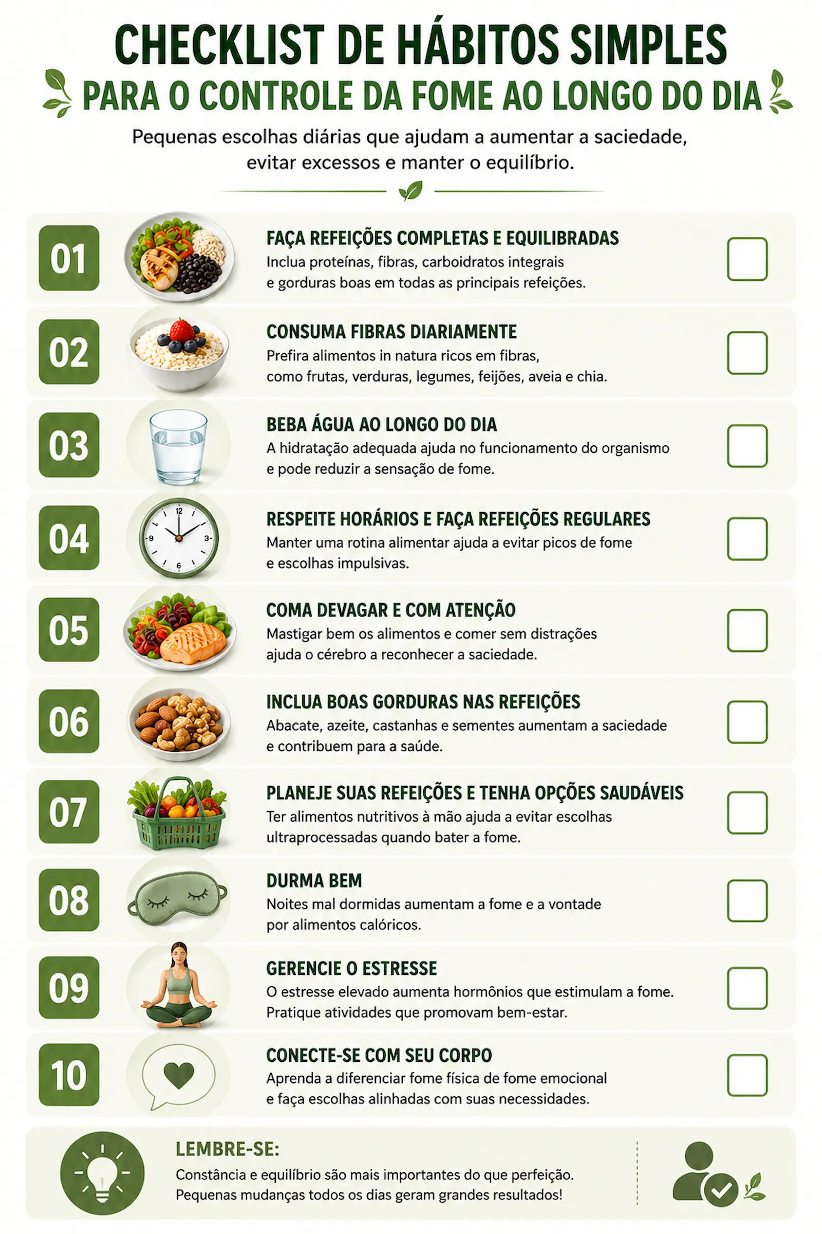 checklist com hábitos alimentares que ajudam a aumentar a saciedade e controlar a fome