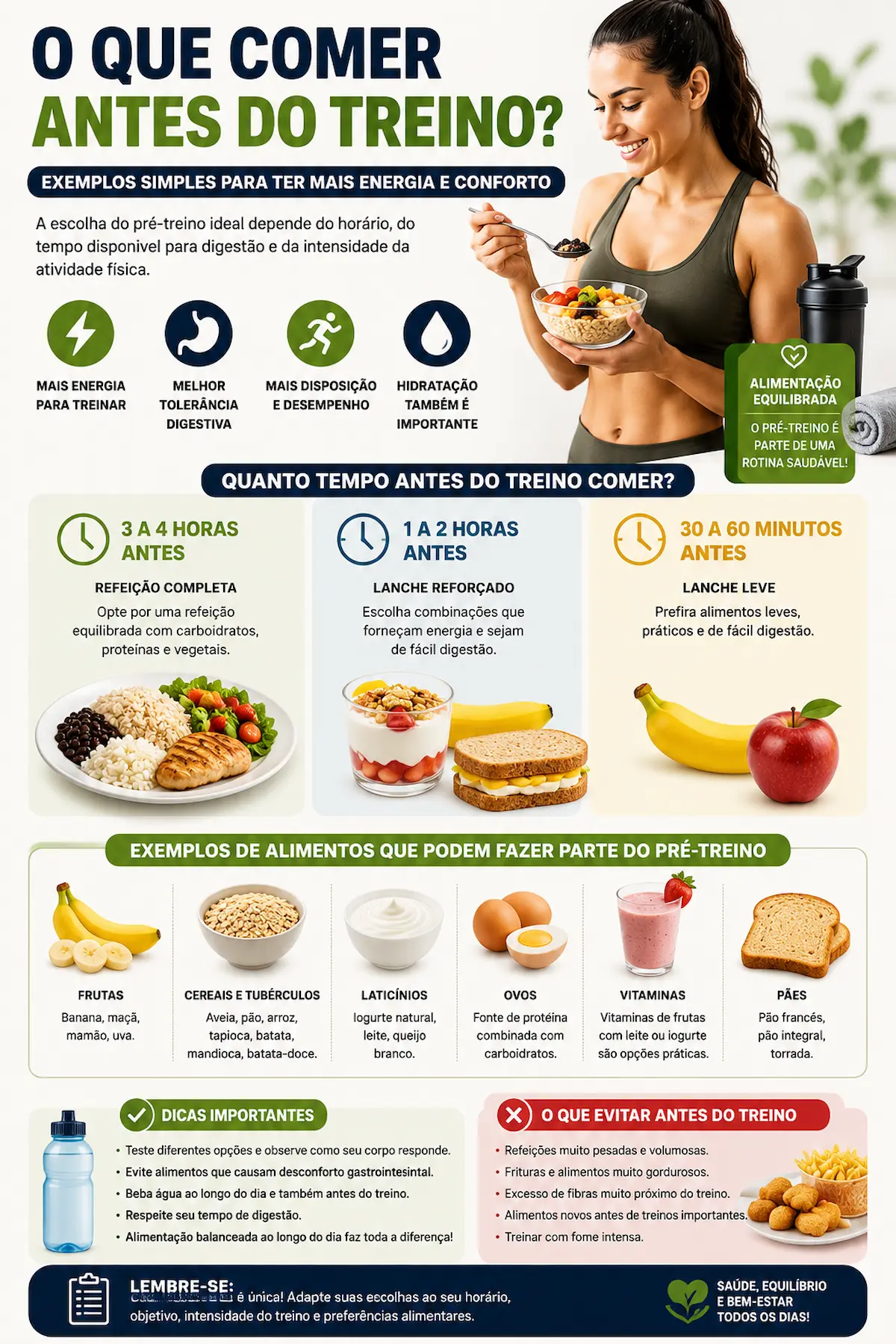 Infográfico mostrando o que comer antes do treino com exemplos simples de alimentos