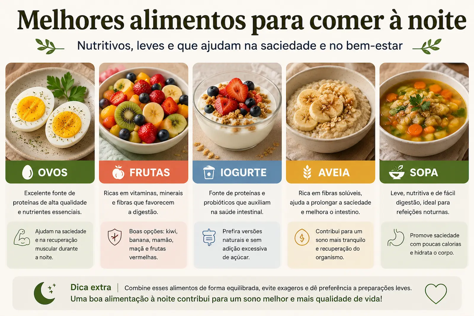 melhores alimentos para comer à noite como ovos frutas iogurte aveia e sopa