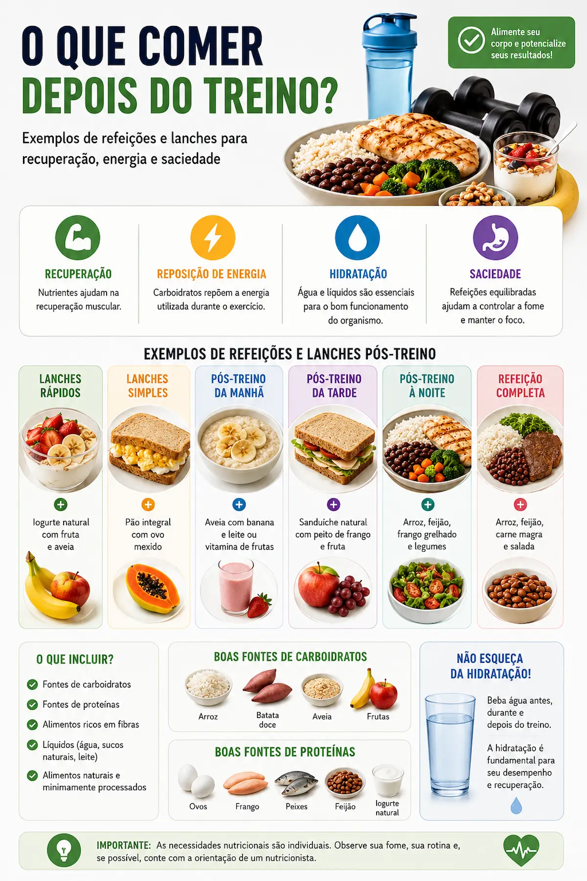 Infográfico mostrando o que comer depois do treino com exemplos de refeições e lanches
