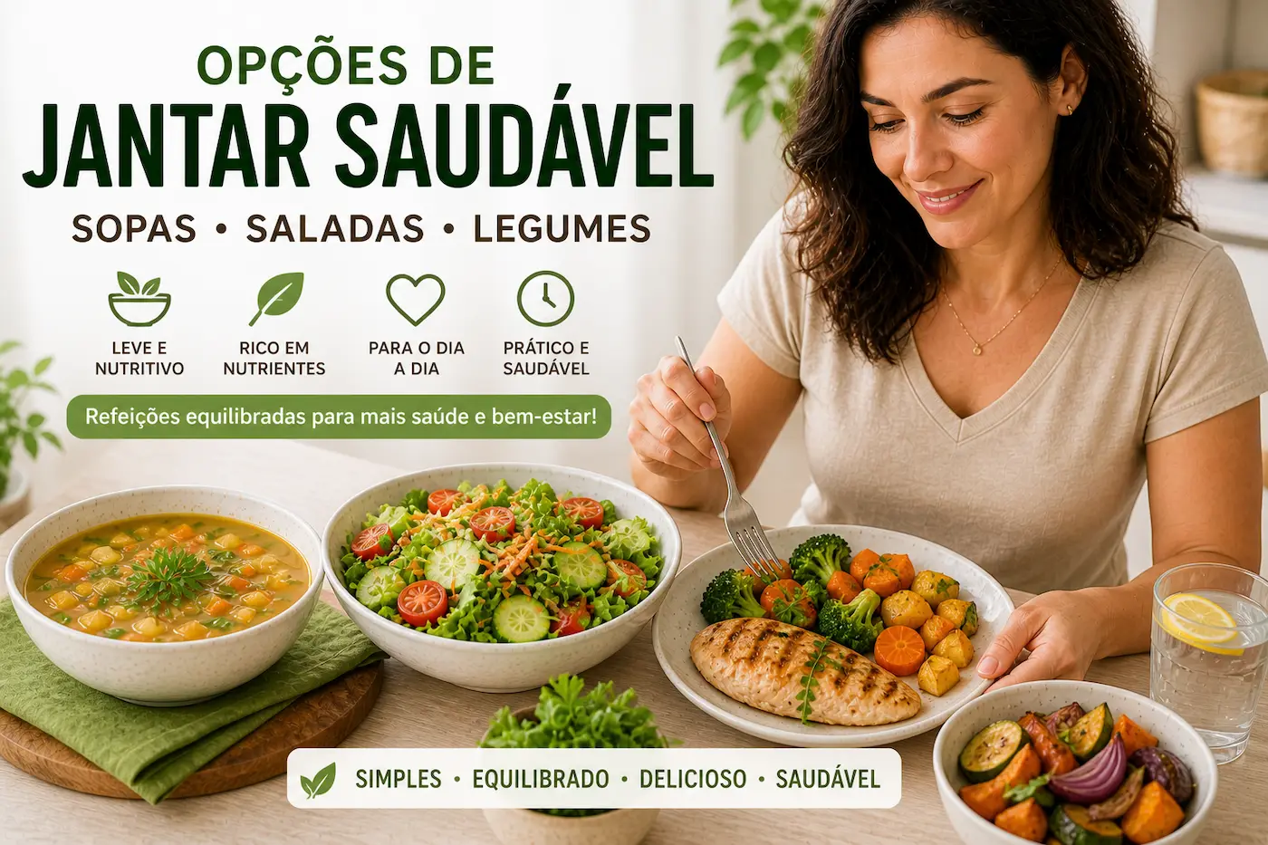 opções de jantar saudável com sopas saladas legumes ovos frango peixe e refeições leves