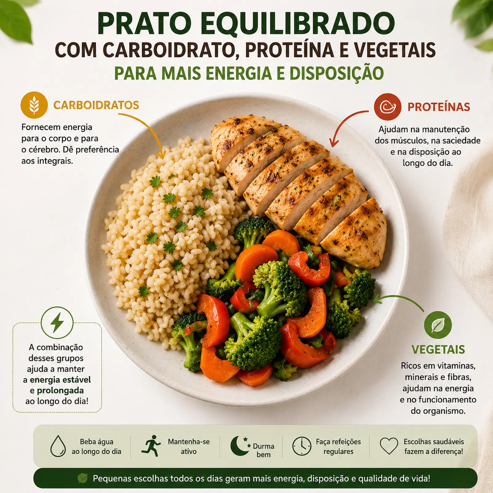 prato equilibrado com carboidrato proteína e vegetais para energia