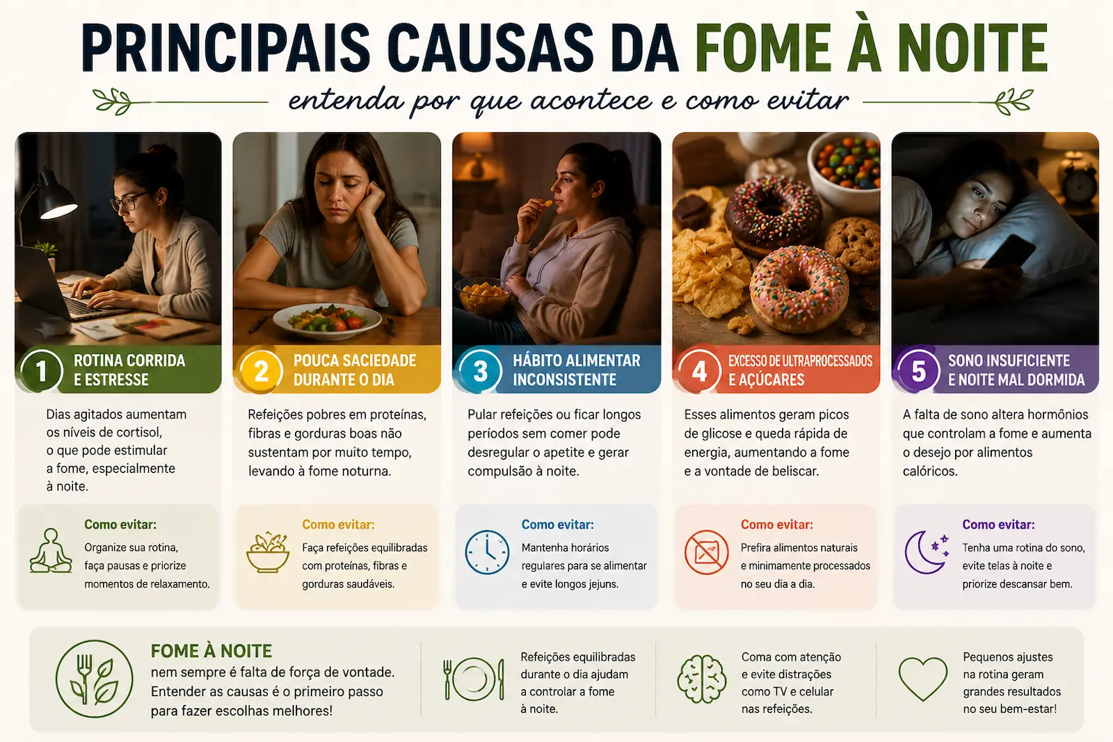 principais causas da fome à noite como rotina corrida pouca saciedade e hábito alimentar