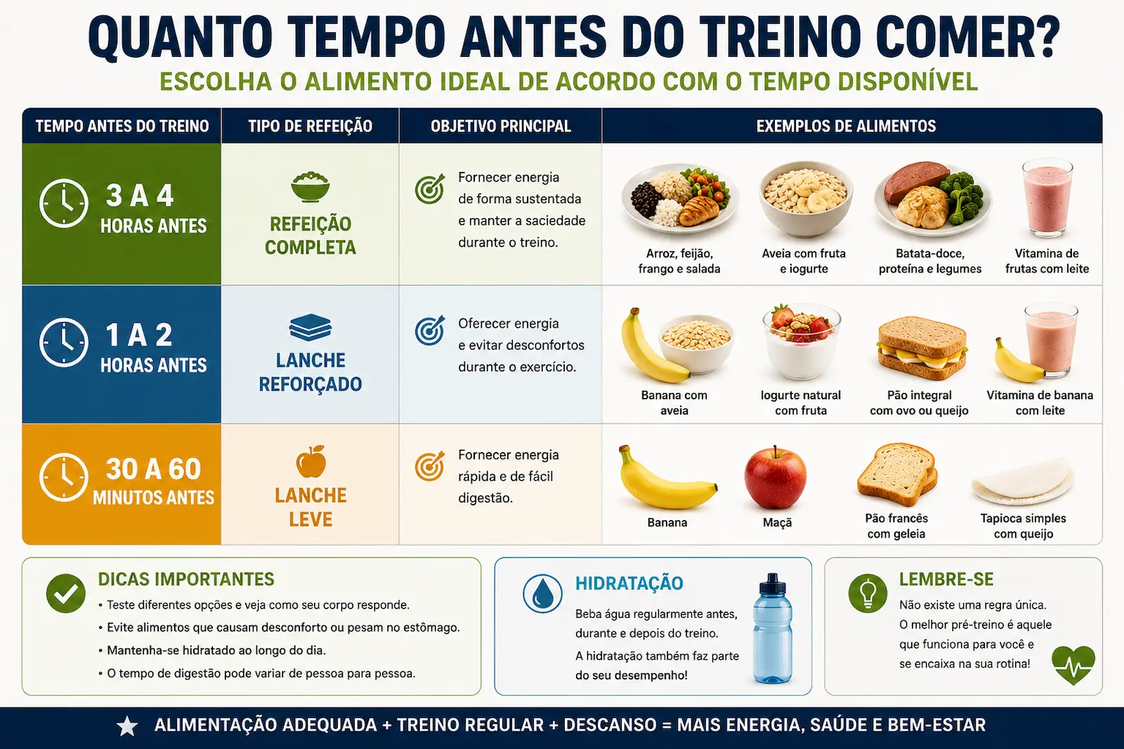 Tabela visual mostrando quanto tempo antes do treino comer e exemplos de alimentos