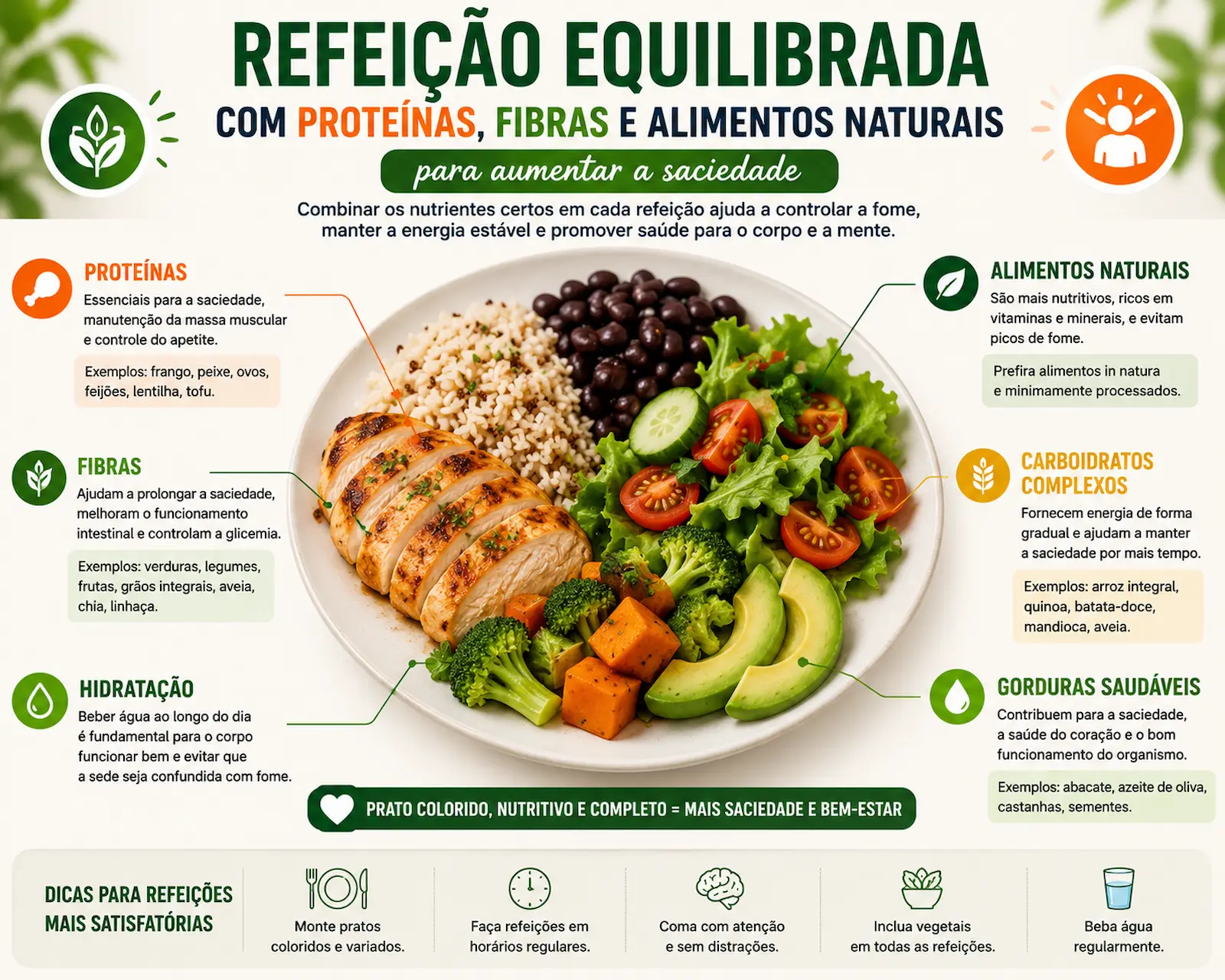 refeição equilibrada com proteínas fibras e alimentos naturais para aumentar saciedade