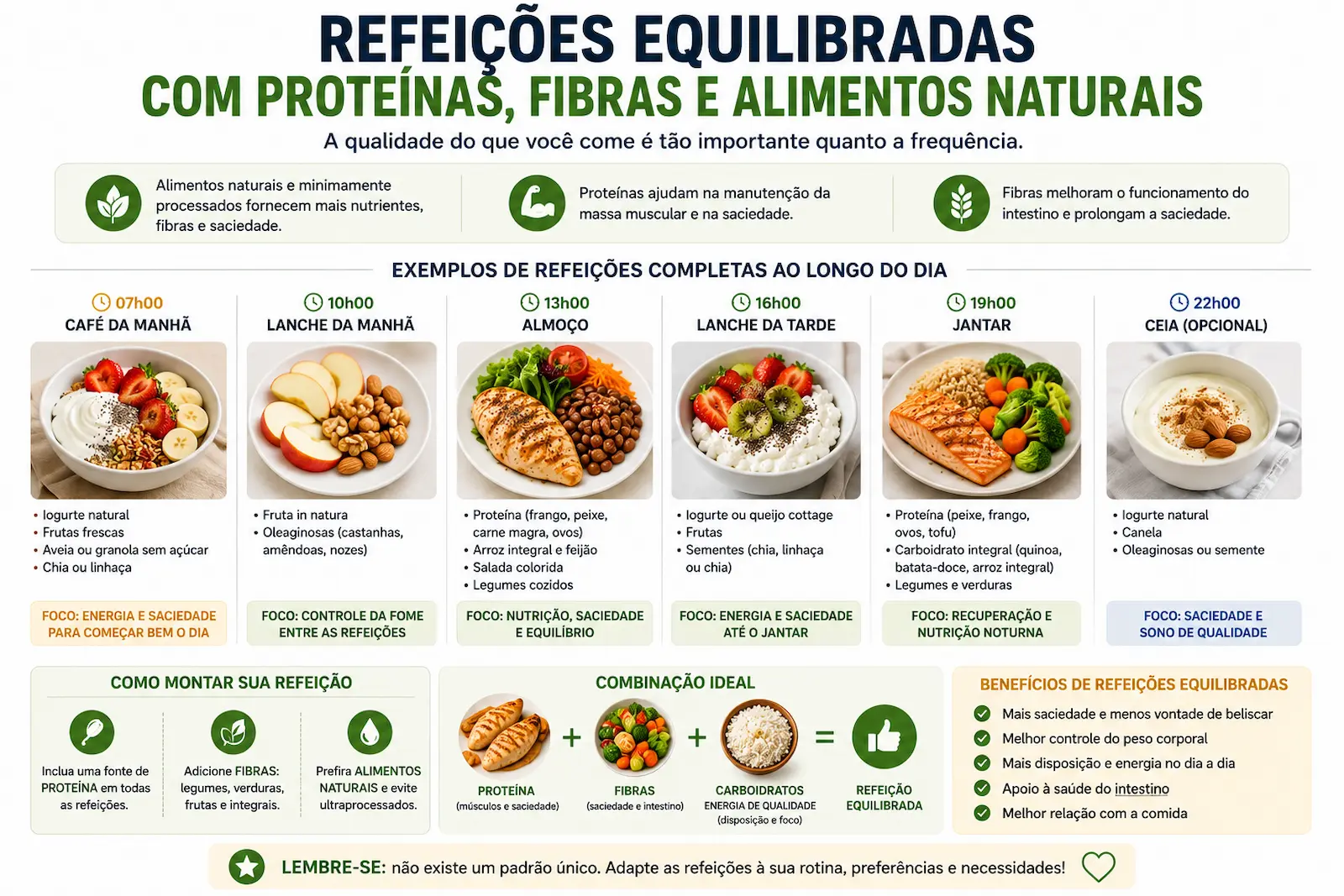 refeições equilibradas com proteínas fibras e alimentos naturais