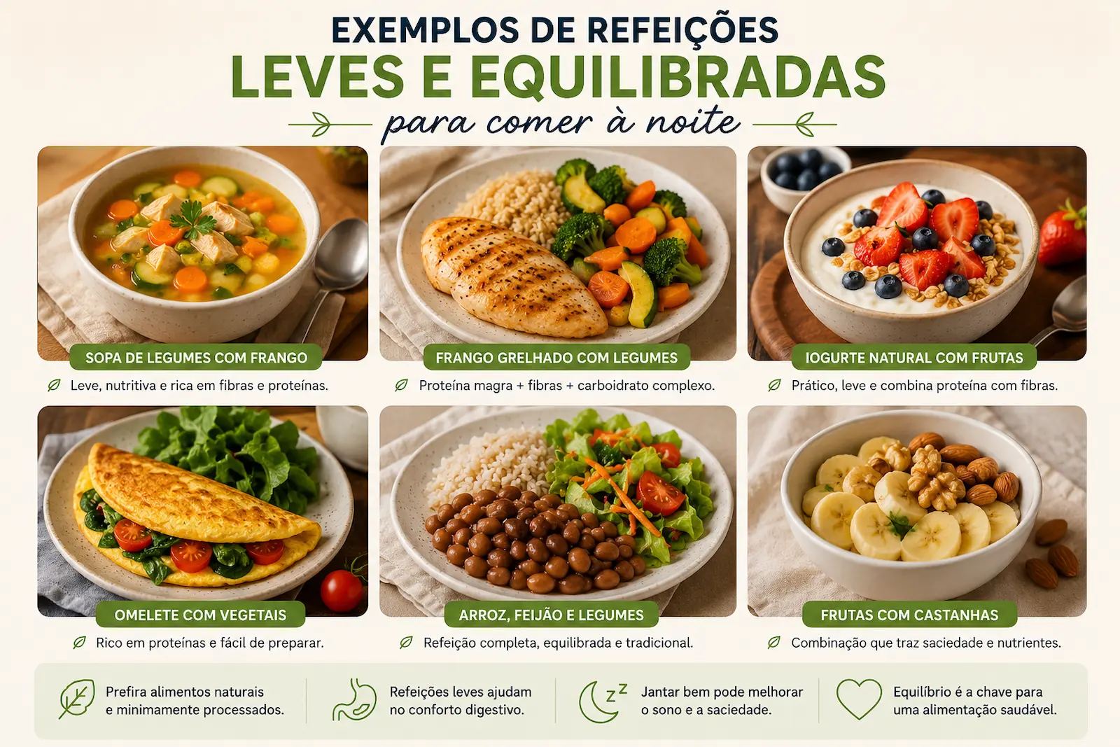 exemplos de refeições leves e equilibradas para comer à noite