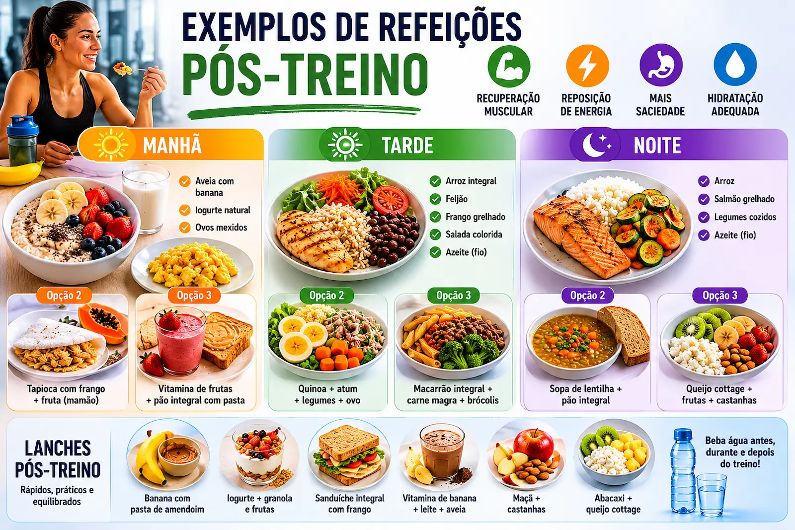 Exemplos de refeições pós-treino para manhã tarde e noite