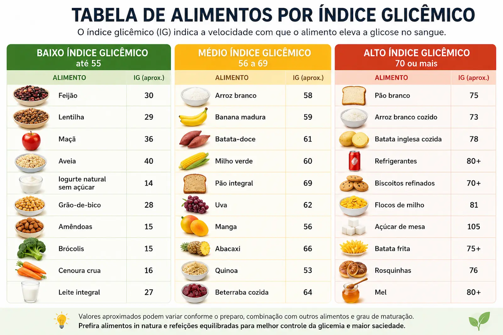 tabela de alimentos por índice glicêmico baixo médio e alto